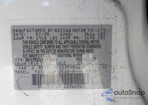 2020 Nissan Kicks Sv Xtronic Cvt z USA, uszkodzony, nr VIN 3N1CP5CV3LL536626